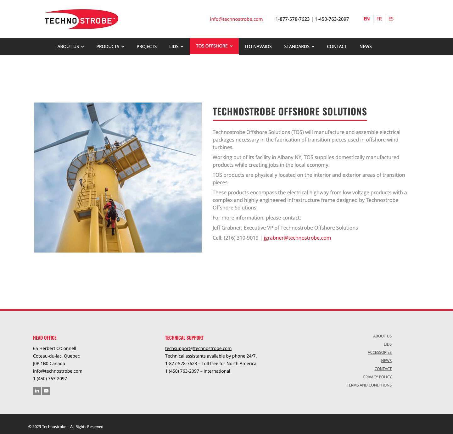 TOS Offshore - Technostrobe | Obstruction lights for tall towers in broadcasting, telecommunication, utilities and wind farm industries. - Full Screenshot