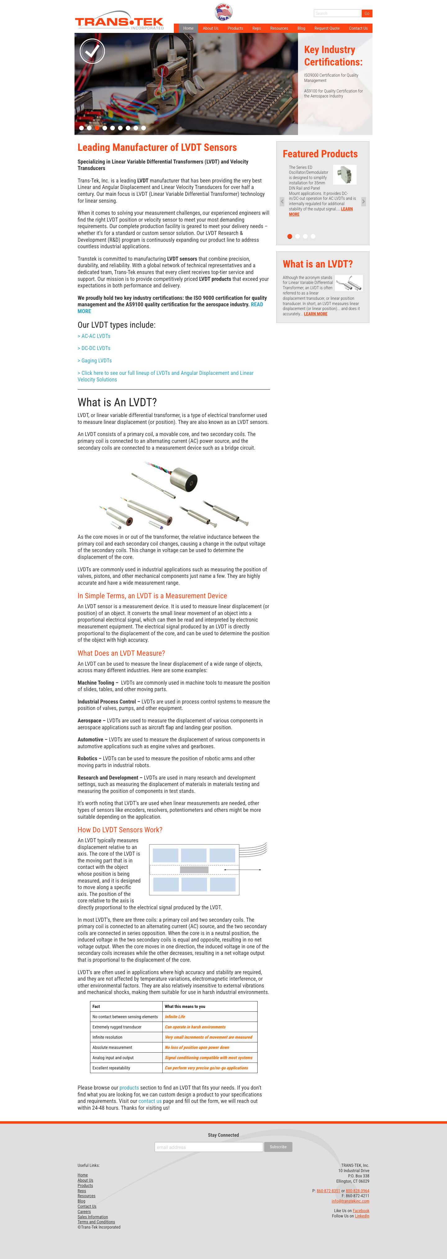 LVDT Linear Position Sensors & Transducers | Trans-Tek Inc. - Full Screenshot