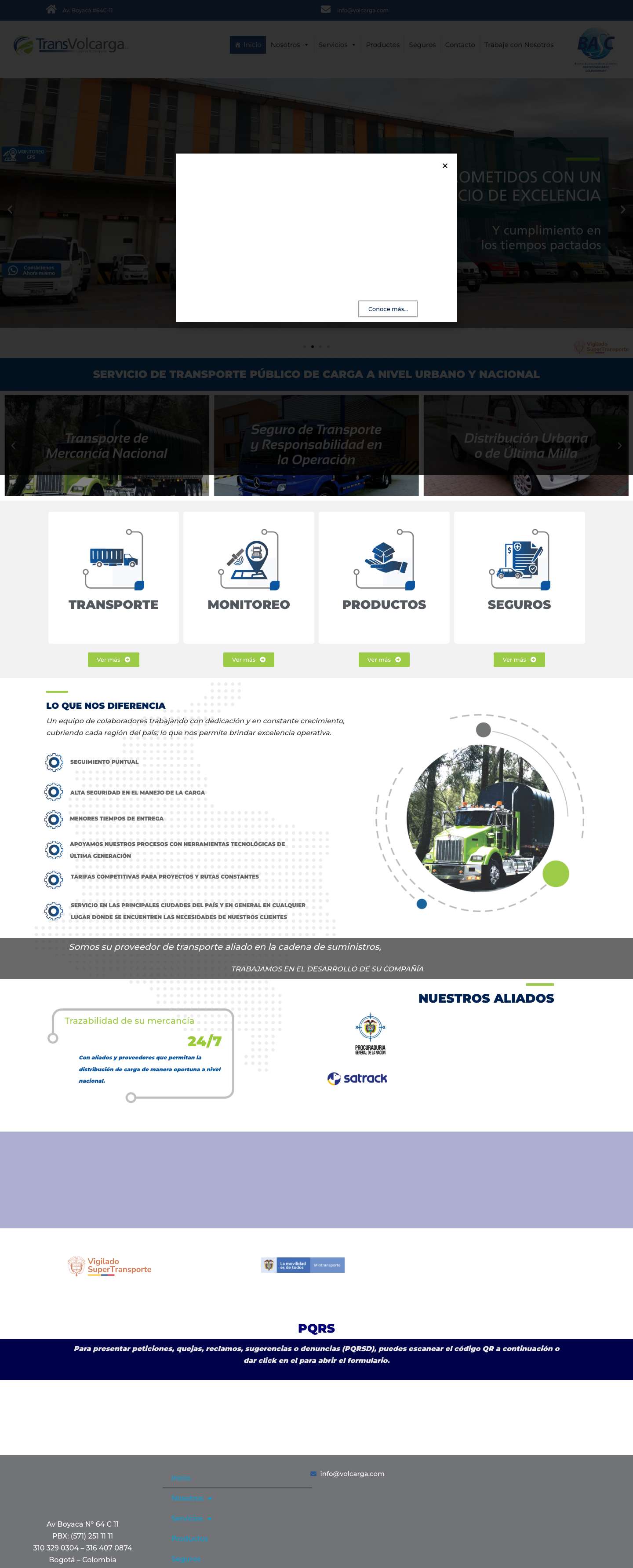 Inicio - Transvolcarga Transporte de carga urbano y nacional, GPS, agencia de seguros - Full Screenshot