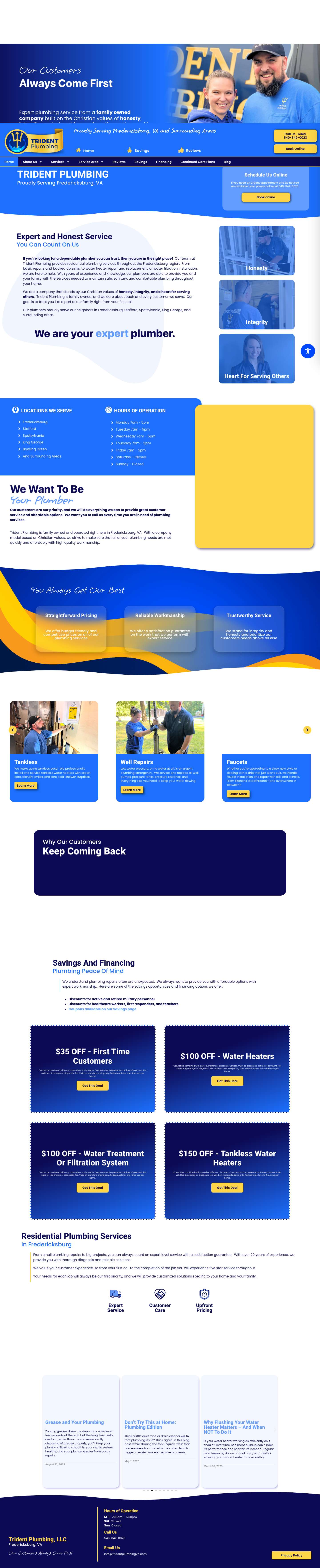 Trident Plumbing - Fredericksburg Plumbers - Our Customers Come First - Full Screenshot