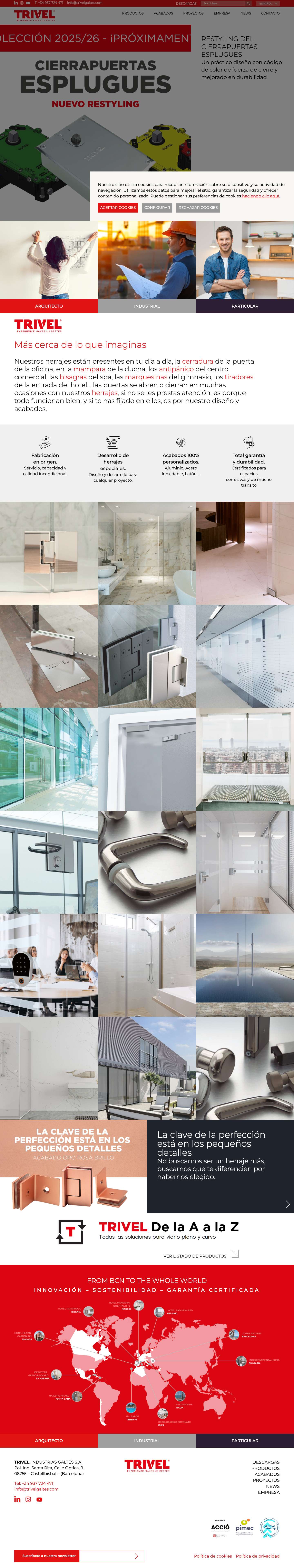 Herrajes para vidrio · Bisagras, cerraduras y sistemas | Trivel - Full Screenshot