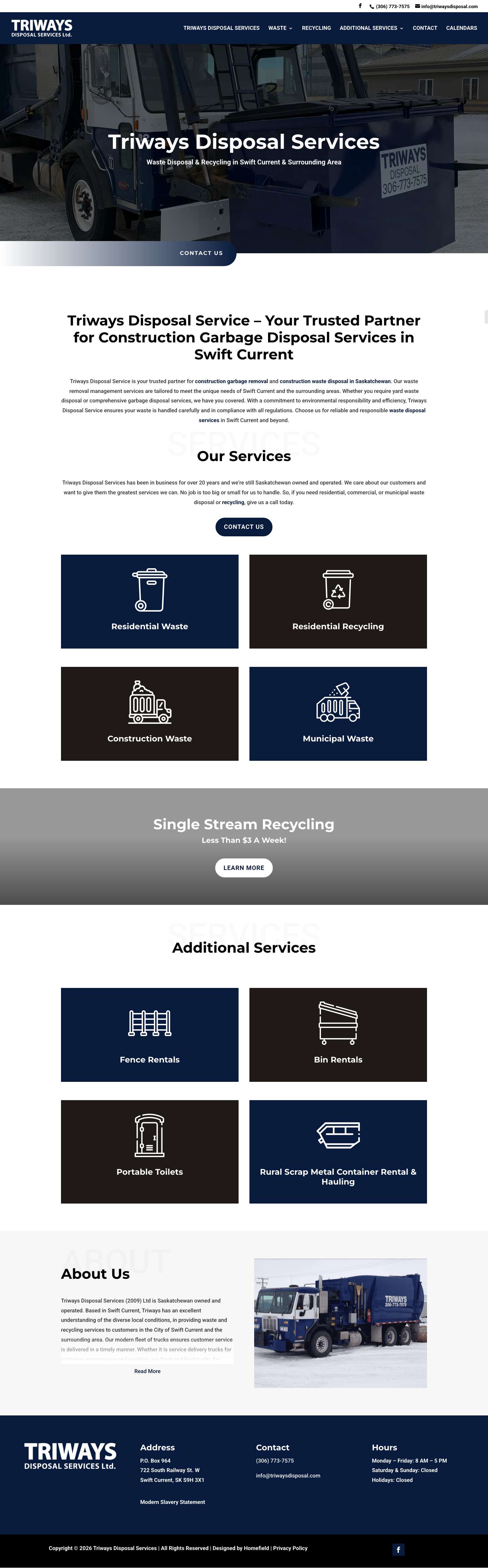 Garbage Removal Management Services, Yard Waste Disposal Bins and Recycling Services Swift Current Saskatchewan - Triways Disposal Service - Full Screenshot