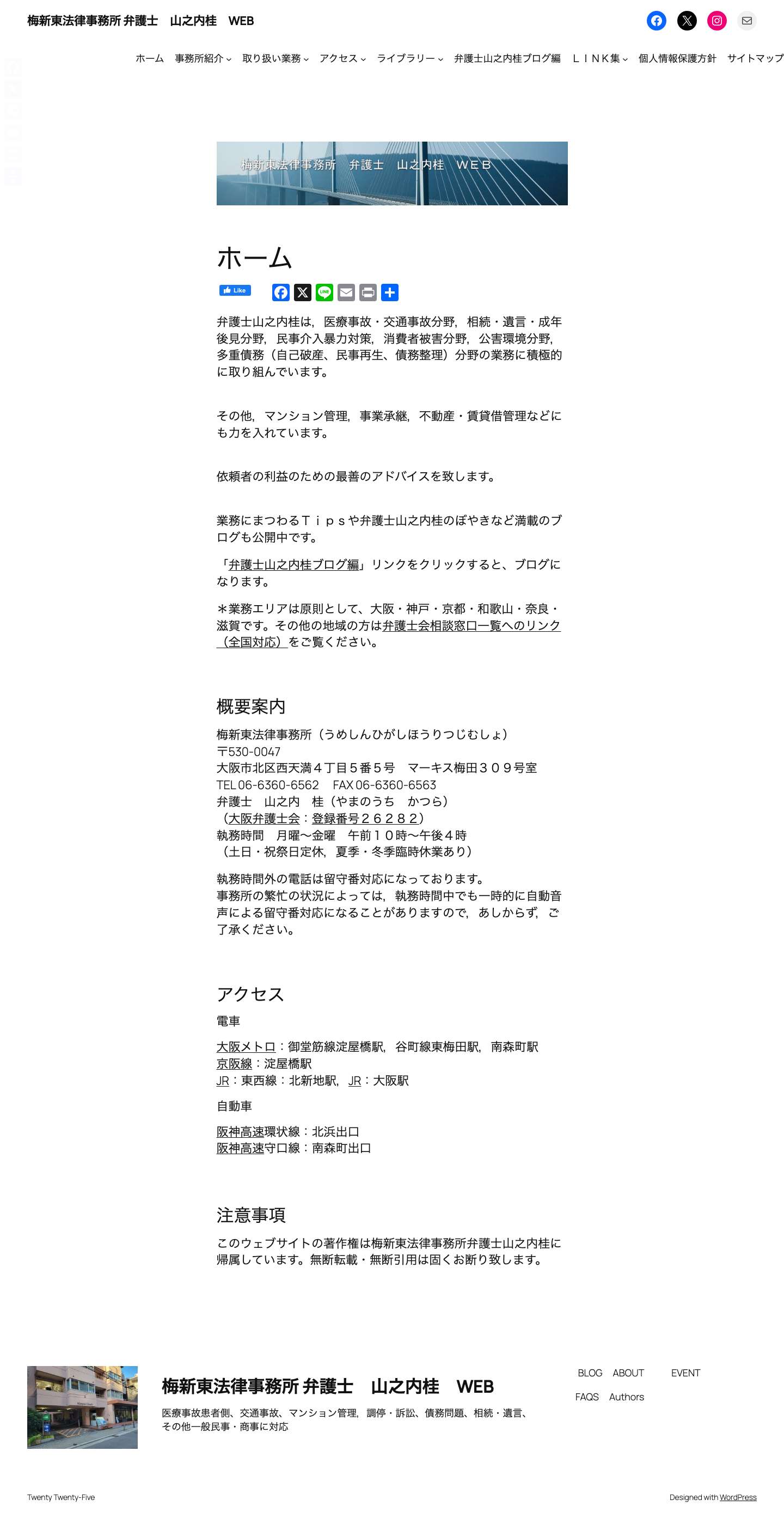 梅新東法律事務所 弁護士　山之内桂　WEB – 医療事故患者側、交通事故、マンション管理，調停・訴訟、債務問題、相続・遺言、その他一般民事・商事に対応 - Full Screenshot