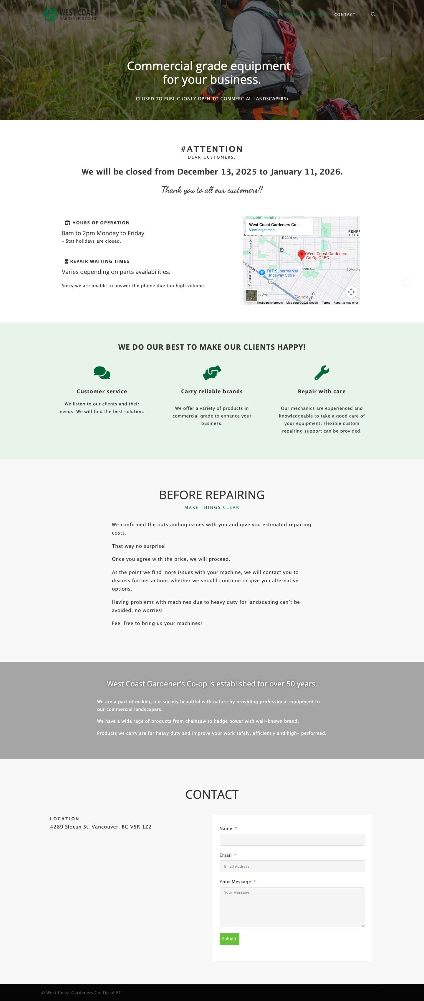 West Coast Gardeners Co-Op Of BC – Commercial-grade gardener's equipment vendor and repairer based in Vancouver, BC. - Full Screenshot