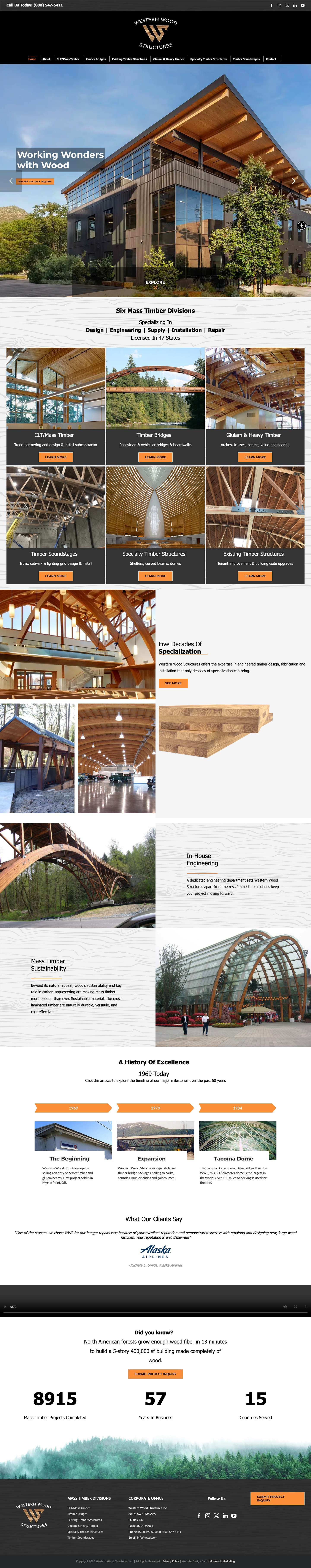 Western Wood Structures | Mass Timber Design, Procurement & Construction, CLT, Trusses, Bridges, Existing Structures with In-house Engineering | Tualatin, OR - Full Screenshot