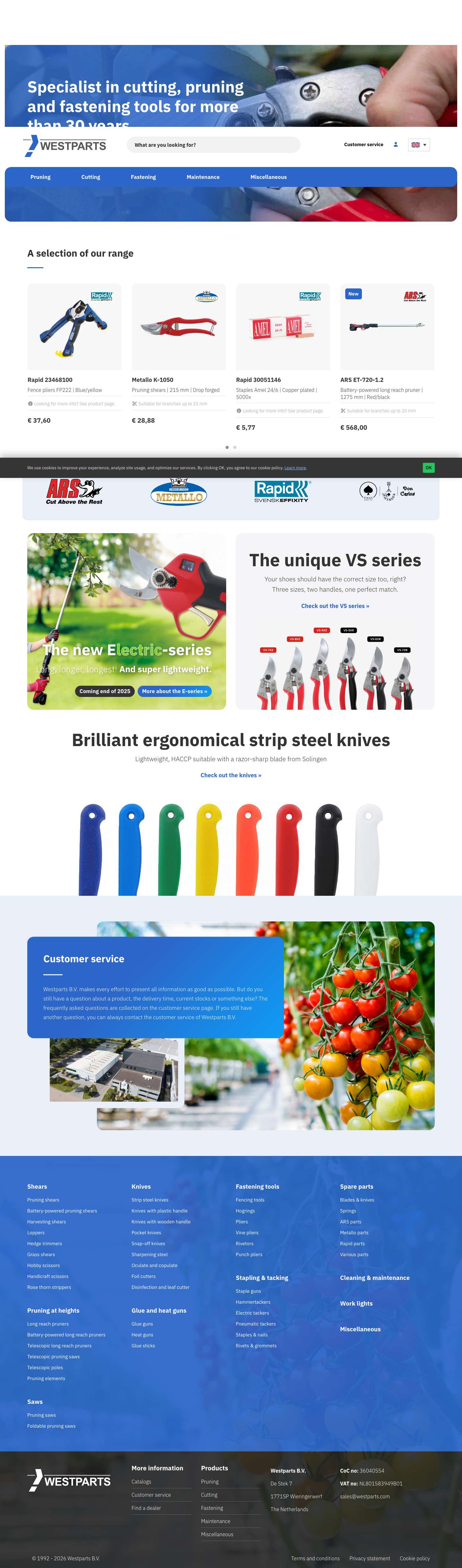 Specialist in cutting, pruning and fastening tools for more than 30 years » Westparts B.V. - Full Screenshot
