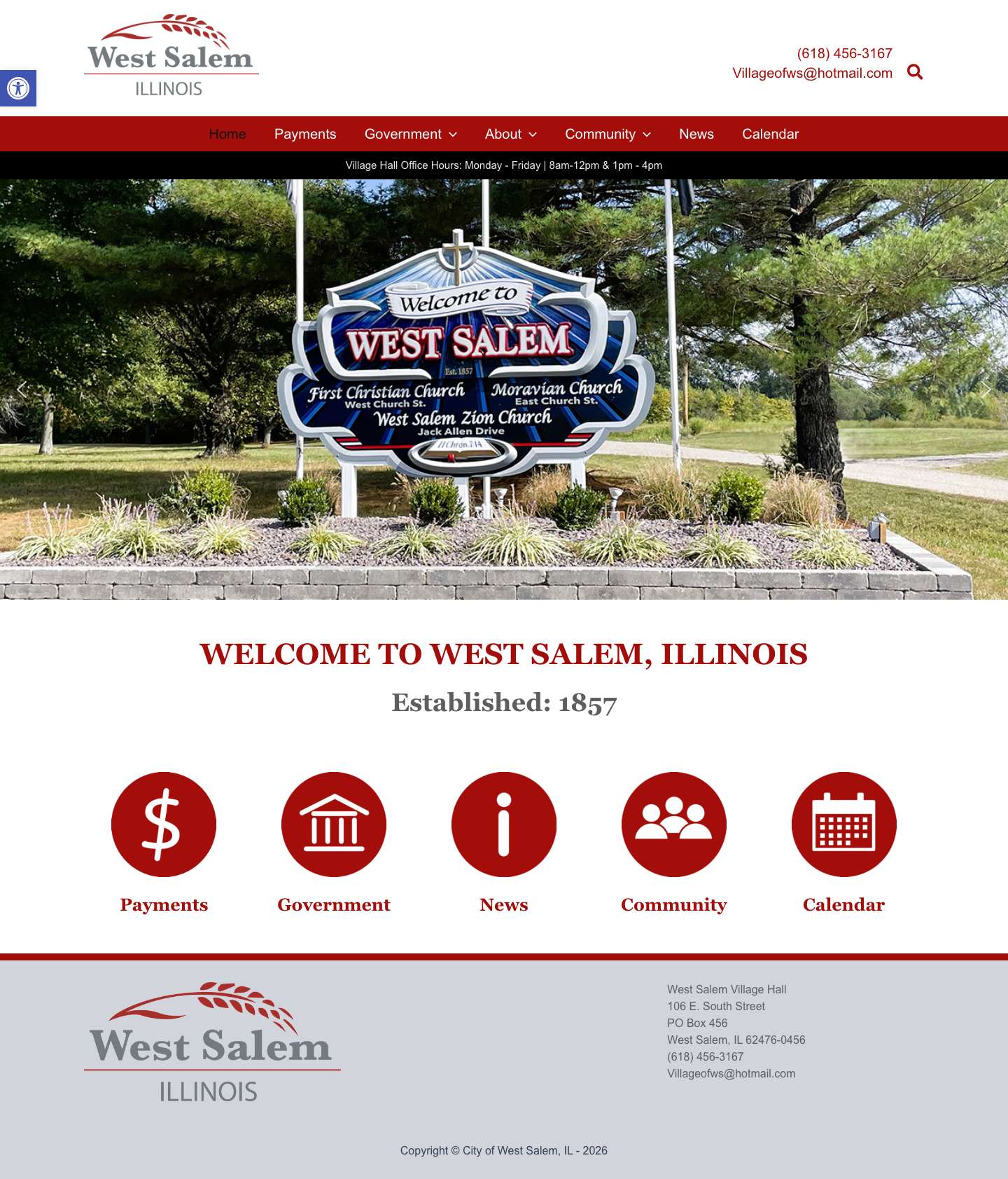 Village of West Salem, IllinoisAccessibility ToolsIncrease TextDecrease TextGrayscaleHigh ContrastNegative ContrastLight BackgroundLinks UnderlineReadable FontReset - Full Screenshot