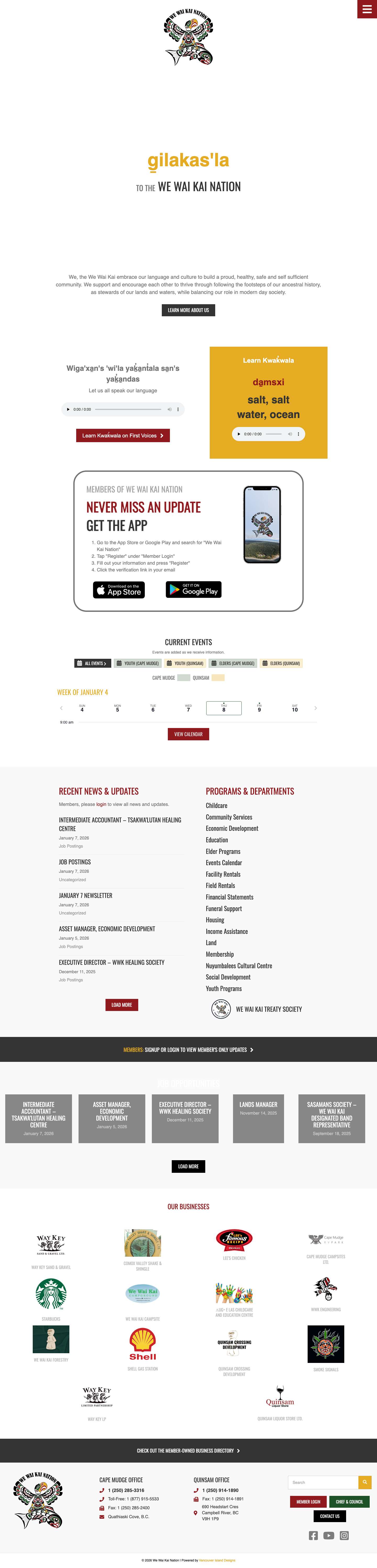 Home page for the We Wai Kai First Nation - Campbell River - Full Screenshot