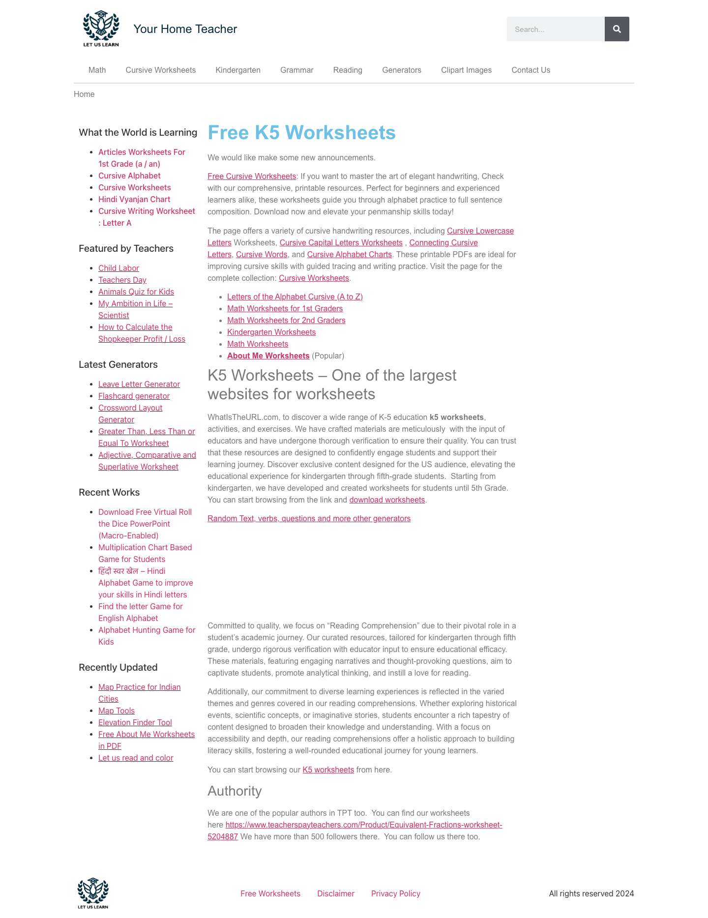 Free K5 Worksheets - Your Home Teacher - Full Screenshot