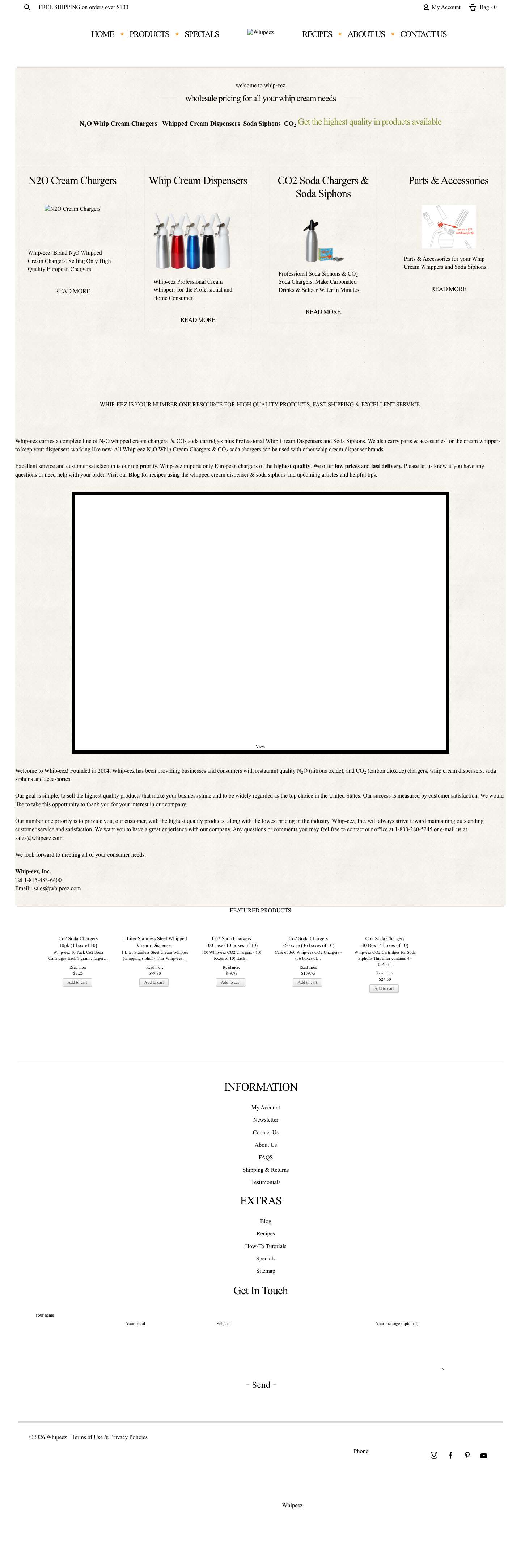 Whipped Cream Nitrous Oxide Chargers, Dispensers | Whipeez - Full Screenshot