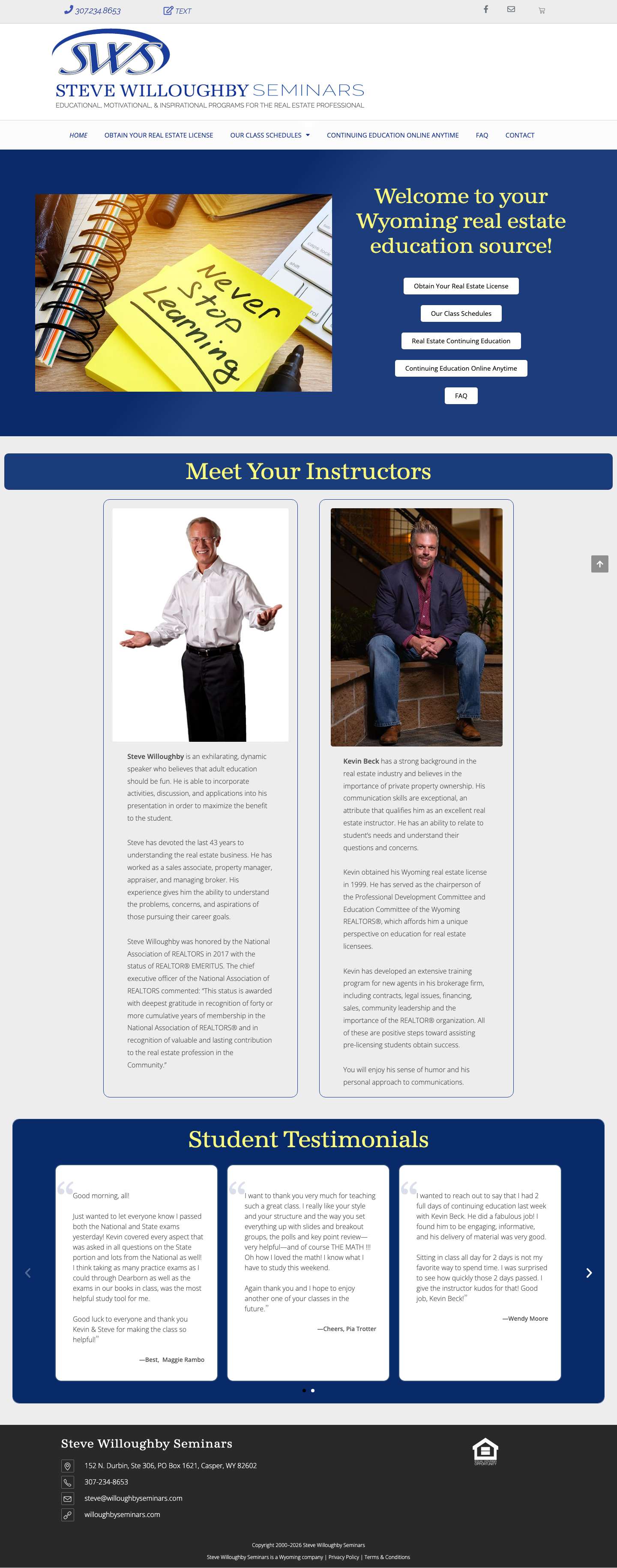 Wyoming Real Estate Education Classes - Willoughby Seminars - Full Screenshot