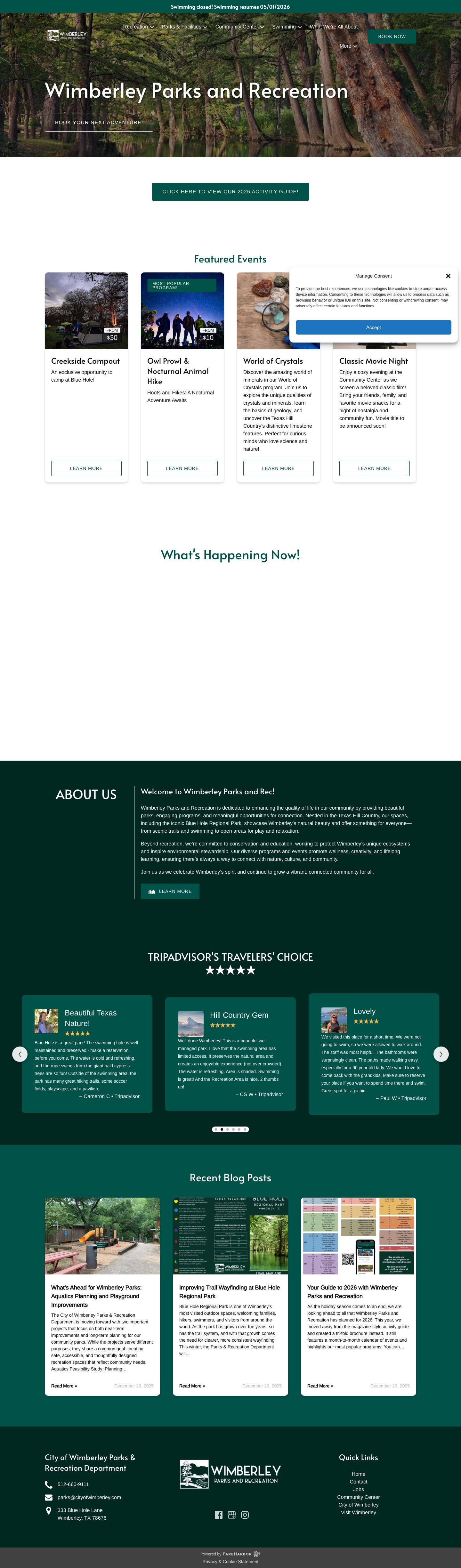 Wimberley Parks & Recreation Department | Texas Blue Hole Activities Open BookPhoneEnvelopeMap MarkerFacebookInstagramPowered by FareHarbor - Full Screenshot