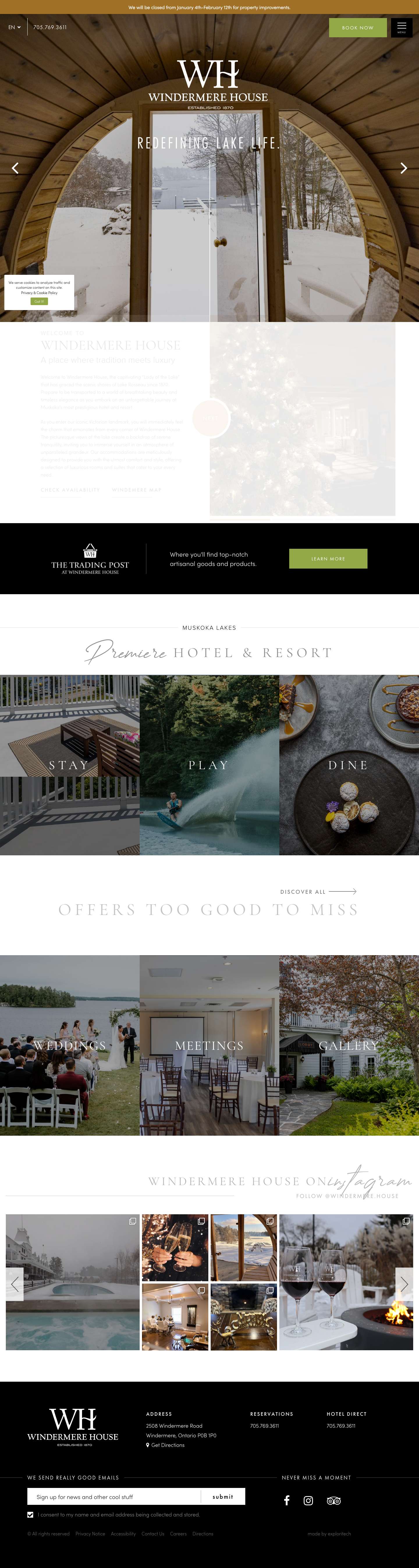 Hotels and Resorts in Muskoka Ontario, Lake Rosseau | Windermere House - Full Screenshot