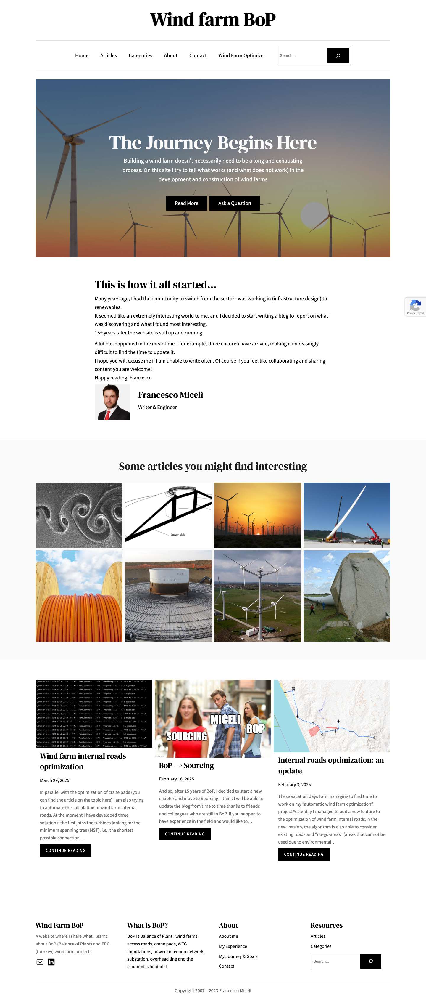 Wind farm BoP - A website about wind farm engineering & construction: not only turbines but also balance of plant - access roads, crane pads, WTG foundations, power collection network, substation, meteorological mast and the economics behind it. - Full Screenshot