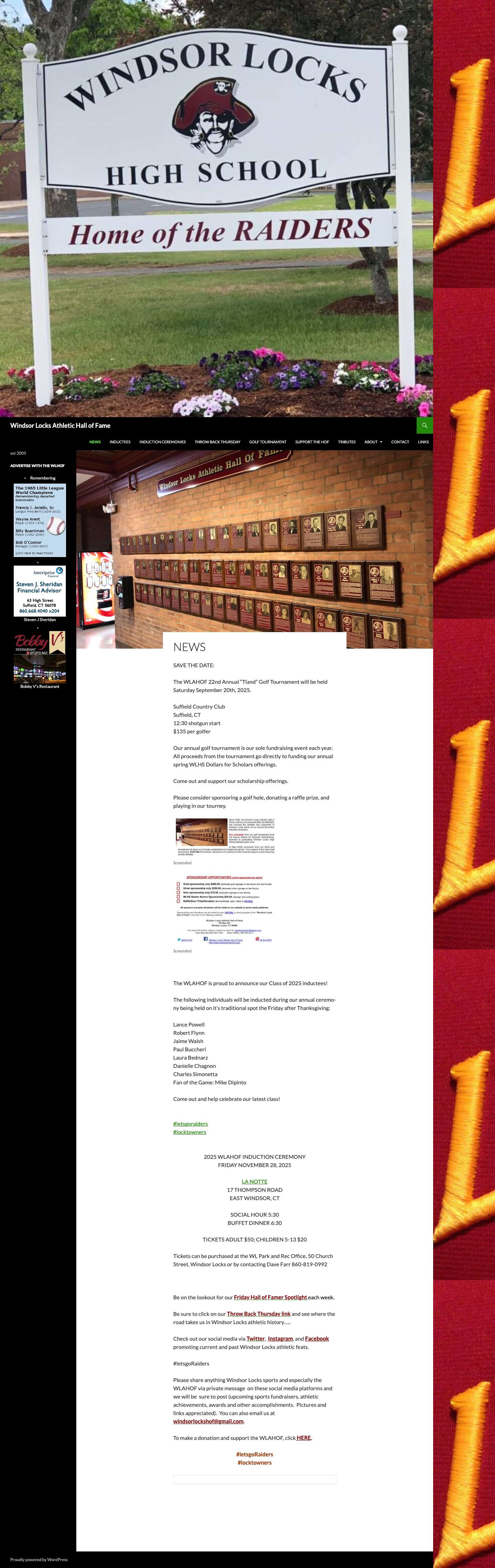 NEWS - Windsor Locks Athletic Hall of Fame - Full Screenshot