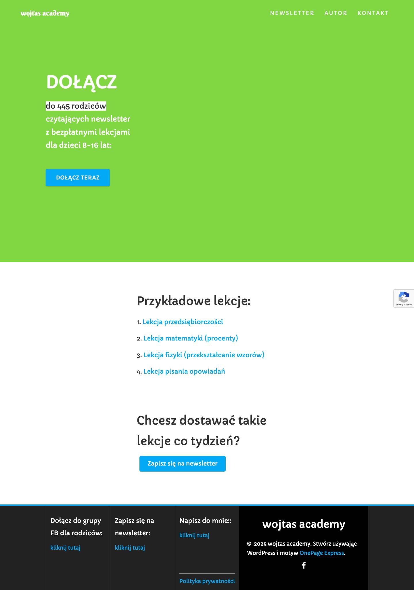 Wojtas Academy: newsletter z bezpłatnymi lekcjami dla dzieci - wojtas academy - Full Screenshot