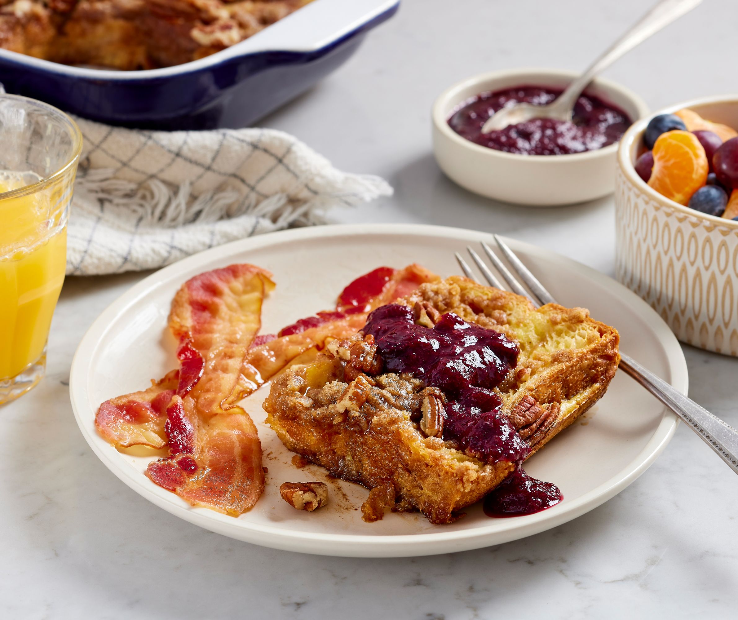 Mother's Day Brown Sugar and Cinnamon French Toast Breakfast Casserole with Bacon & Fruit Cocktail