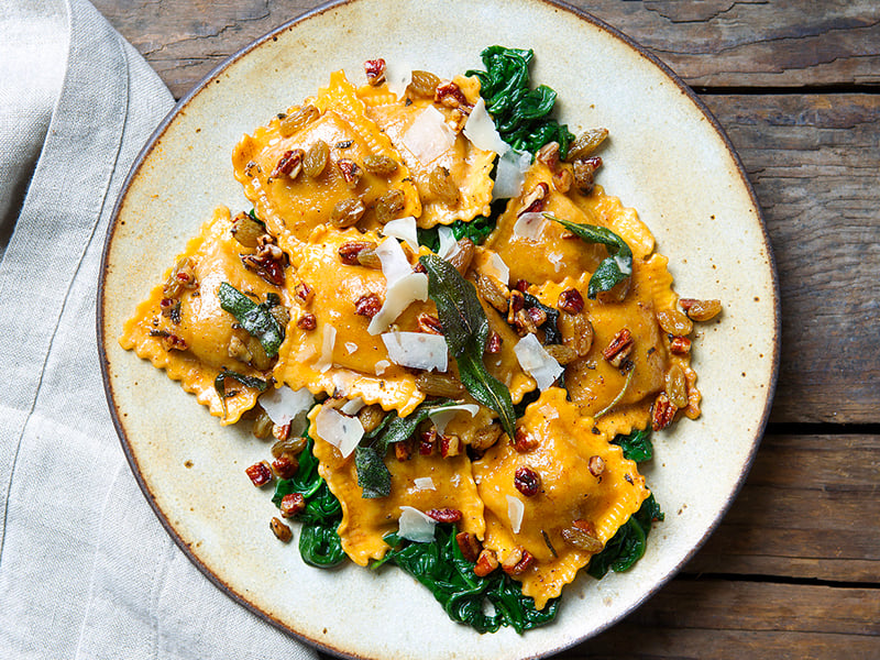 Butternut Squash Ravioli with Swiss Chard & Pecan Sage Brown Butter