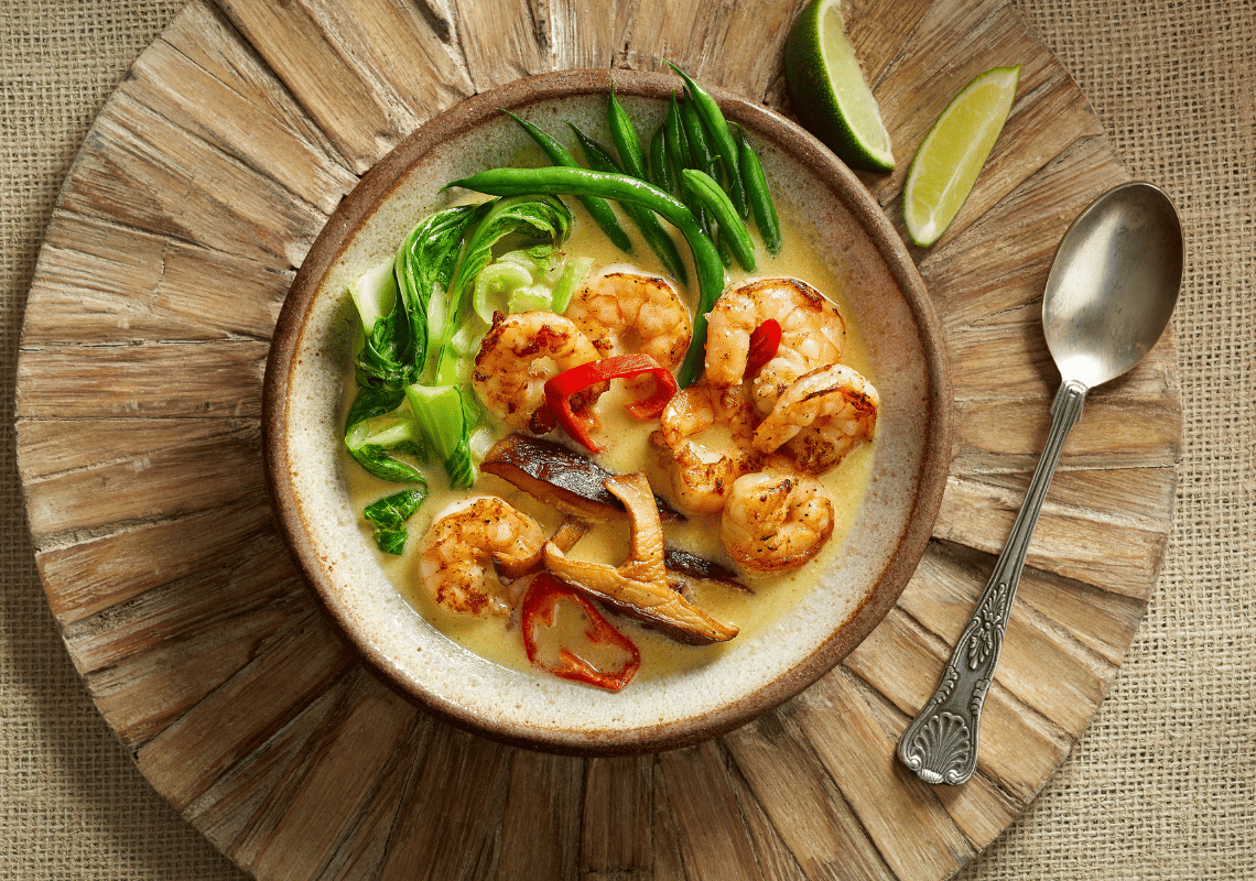 Lime Coconut Broth with Shrimp, Shiitakes, & Bok Choy