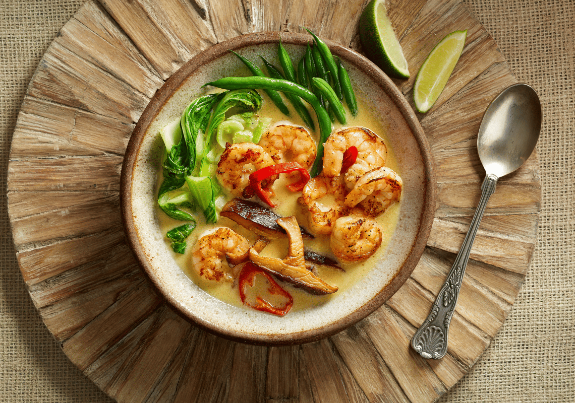 Lime Coconut Broth with Shrimp, Shiitakes, & Bok Choy