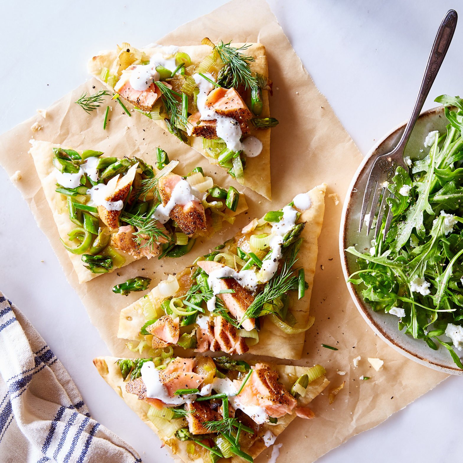 Everything Spice Smoked King Salmon Pizzette with Asparagus & Creme Fraiche