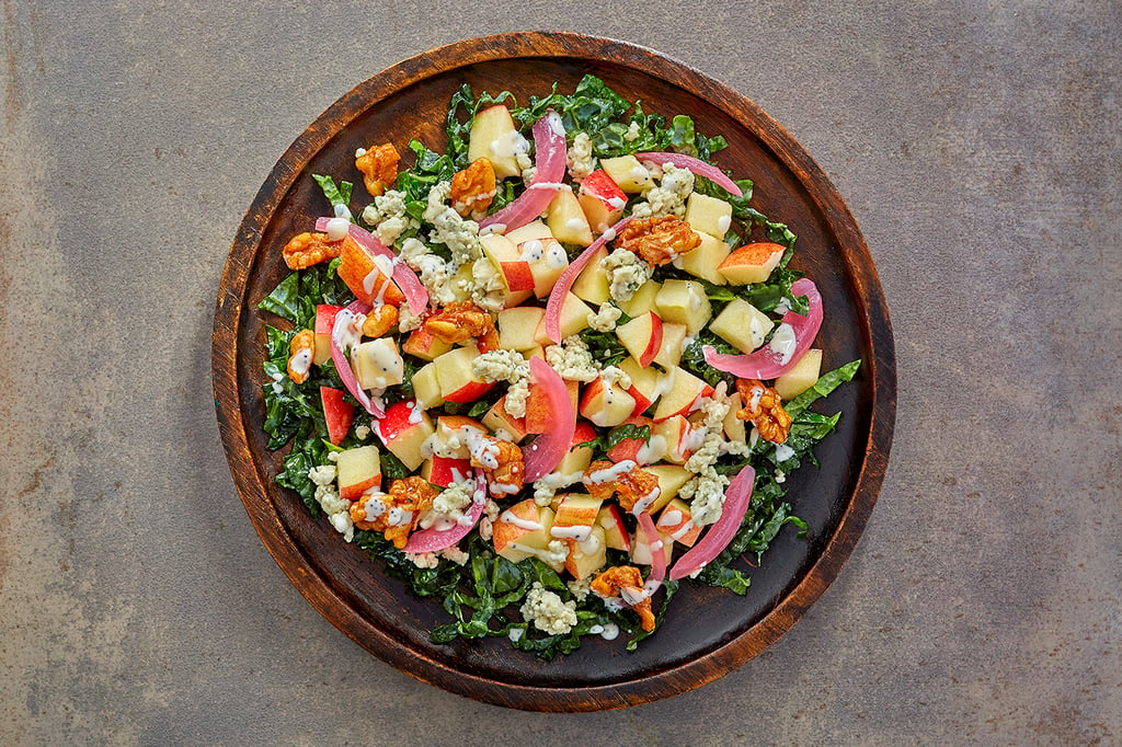 Massaged Kale & Apple Salad with Walnuts, Bleu Cheese, and Pickled Red Onions