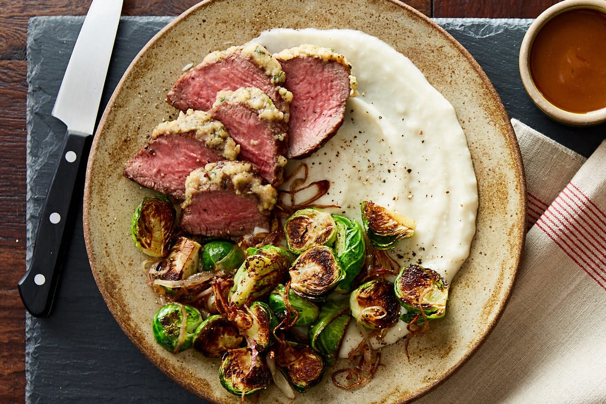 Roasted Garlic Crusted Bistro Filet with Brussels Sprouts & Root Vegetable Purée