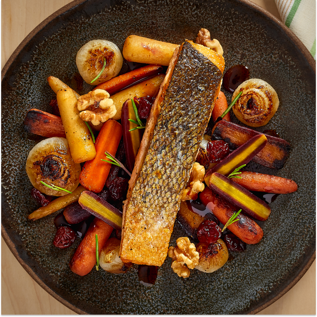 Pan-Roasted Salmon with Date Syrup-Glazed Rainbow Carrots with Dried Cranberries & Walnuts
