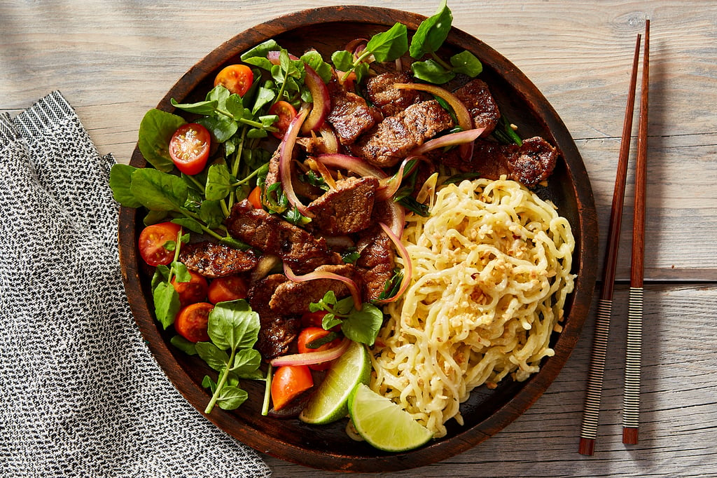 Vietnamese Shaking Beef with Toasted Garlic Ramen Noodles & Watercress Salad