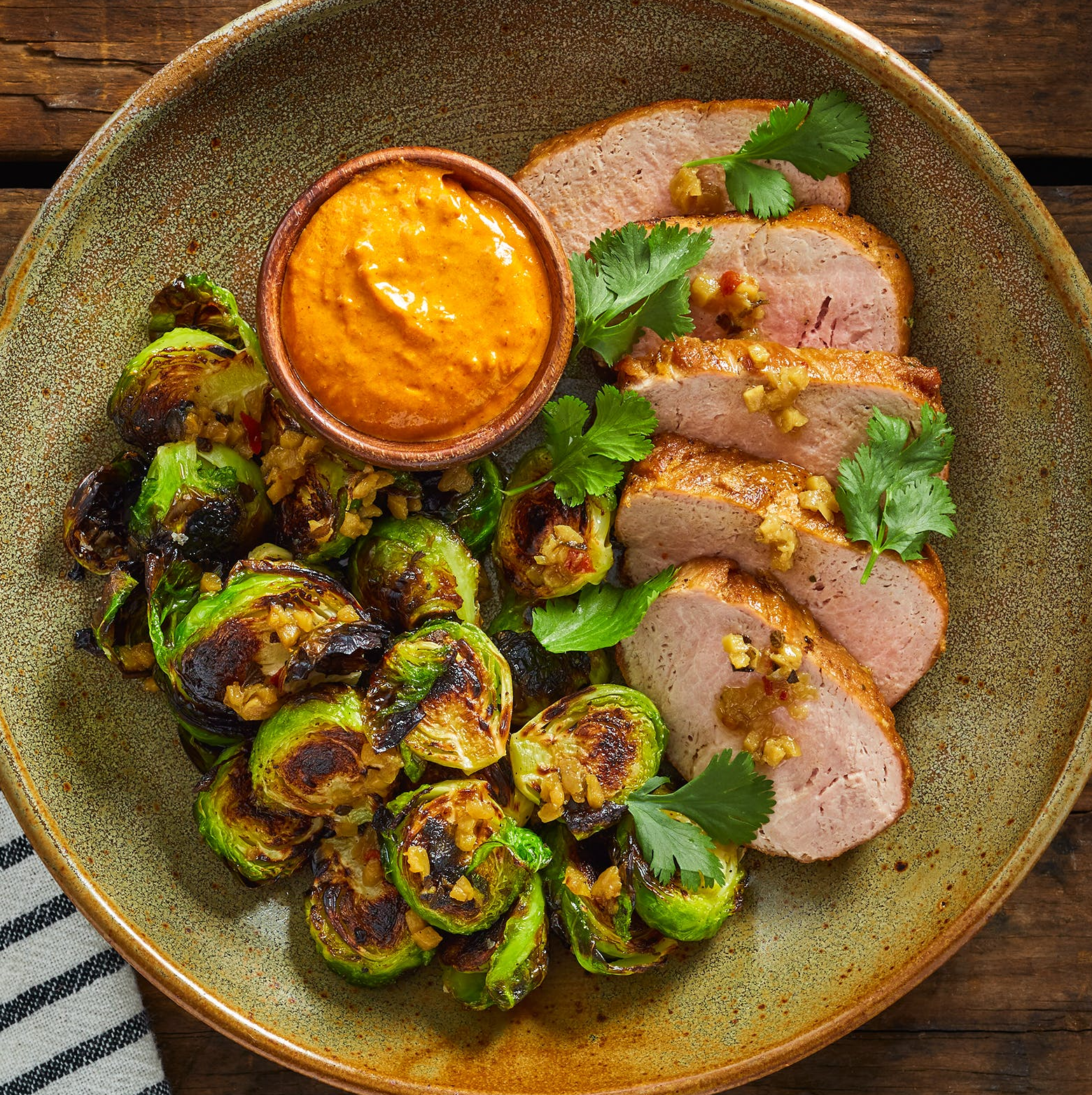 Roasted Pork Tenderloin with Charred Brussel Sprouts and Peruvian Dipping Sauce