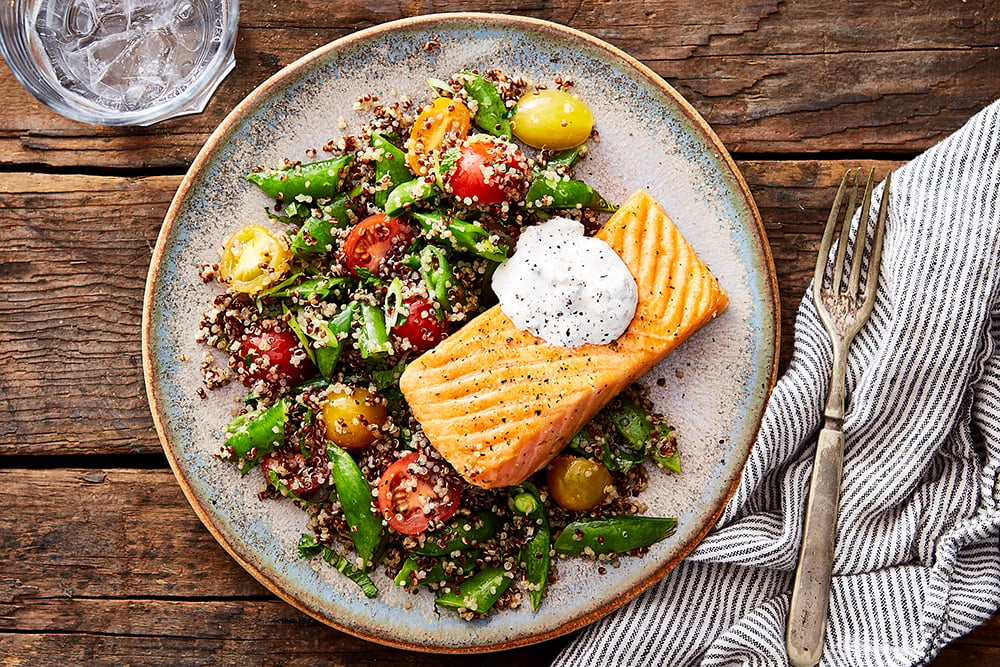 Pan-Seared Salmon with Quinoa & Sugar Snap Pea Tabbouleh