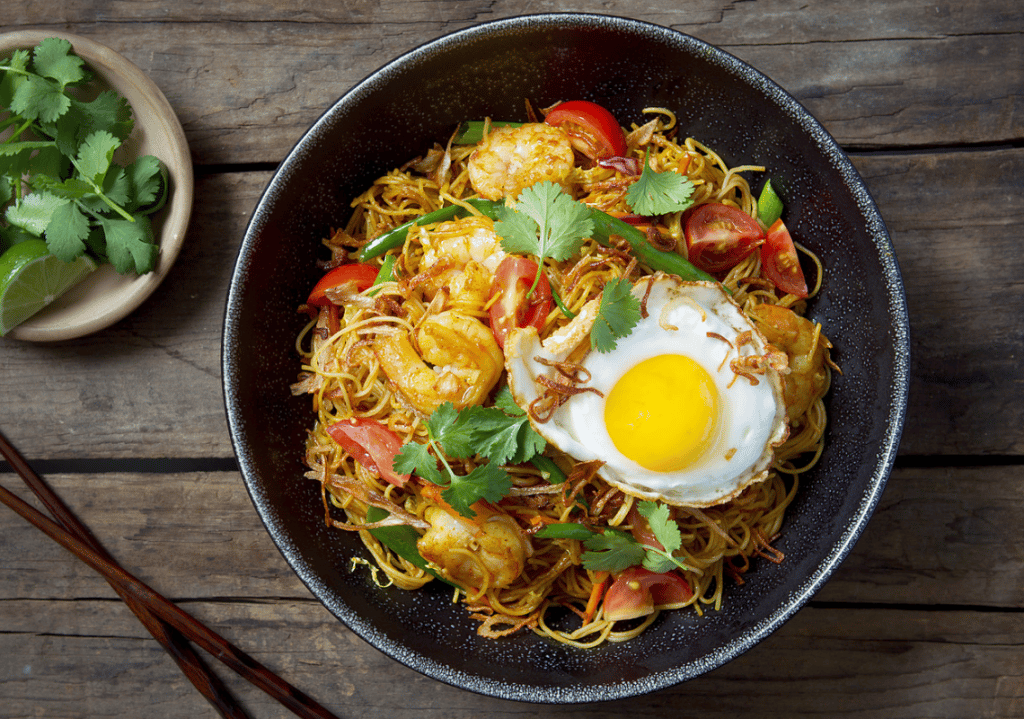 Singapore Street Noodles with Shrimp and Sunny-Side-Up Egg