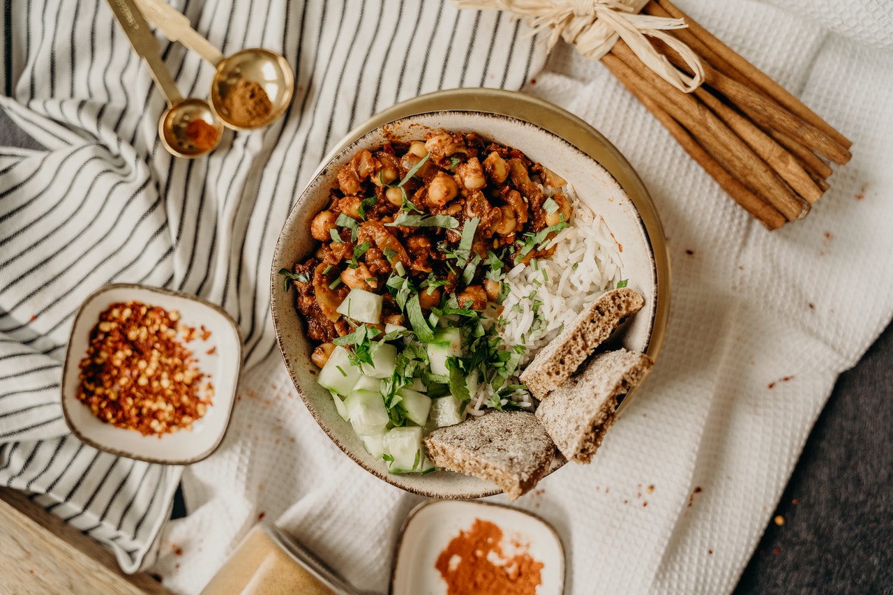 Plant-based vegan chili bowl on table