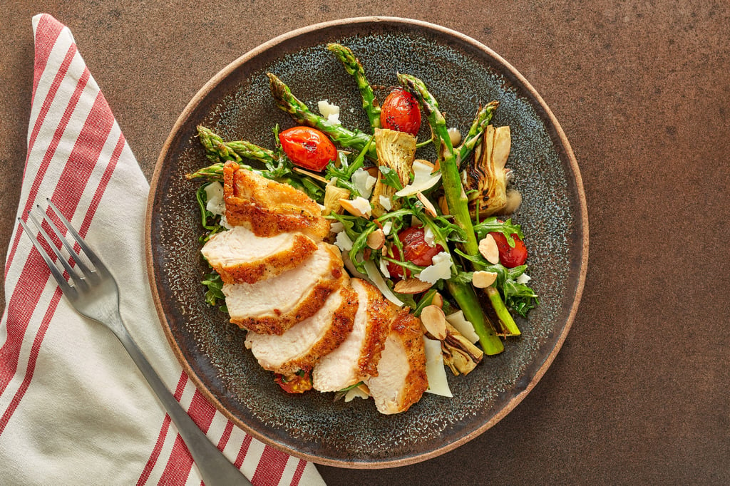 Pan-Seared Chicken with Roasted Tomato and Asparagus Salad