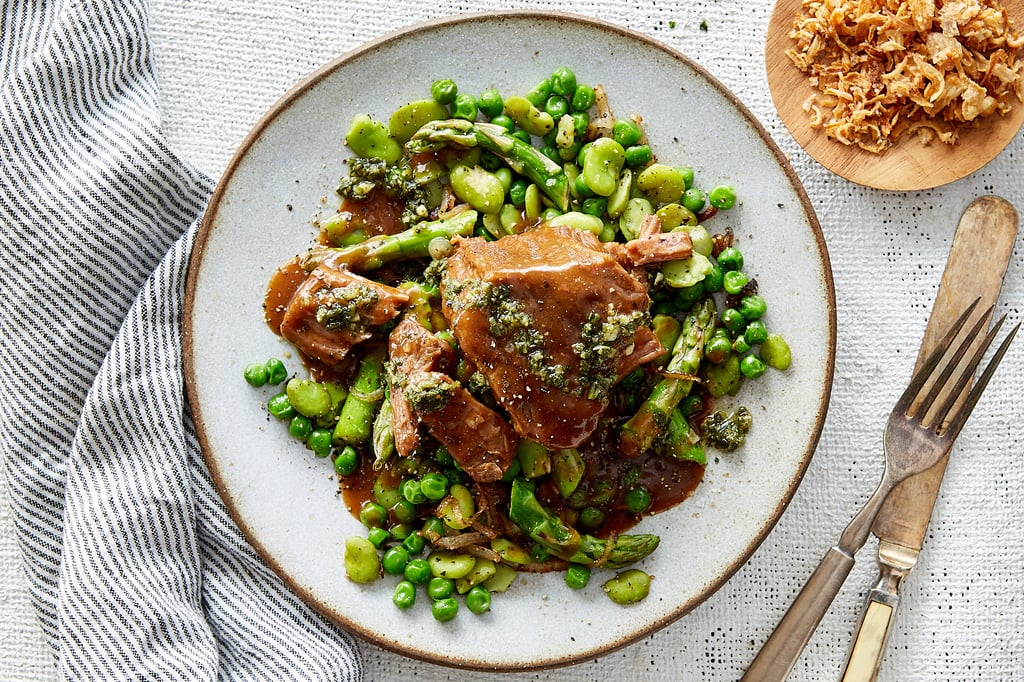 Spring Pot Roast with Mashed Potatoes, Fava Beans, & Asparagus