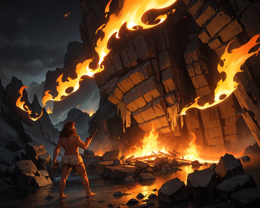 AI art "Fire & Man" for keywords beautiful landscape, abstract , Neanderthal, Caveman, Night, fire