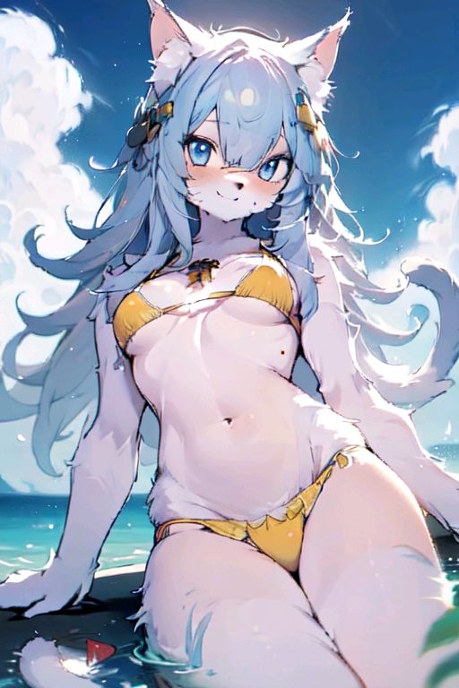 AI art "Cazadores del Ocio Kit" for keywords yellow bikini, mascot, catgirl, gamer, future vtuber