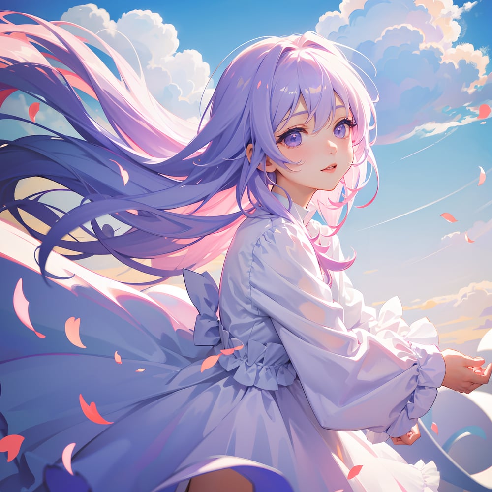 AI art "Floating" for keywords 1girl, solo, cloud, pink, blue, purple, (close-up:1.1), bright, happy, fun, soft lighting, cute
