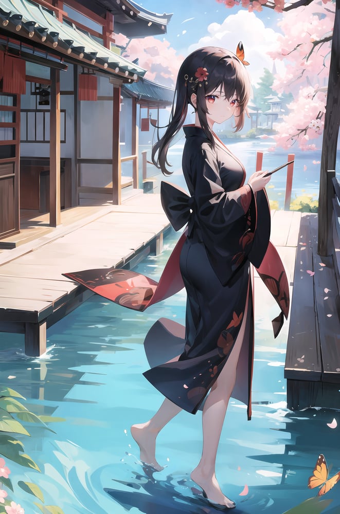 AI artwork for keywords 1girl, hu tao, butterfly, full body black kimono, shrine, sakura, 