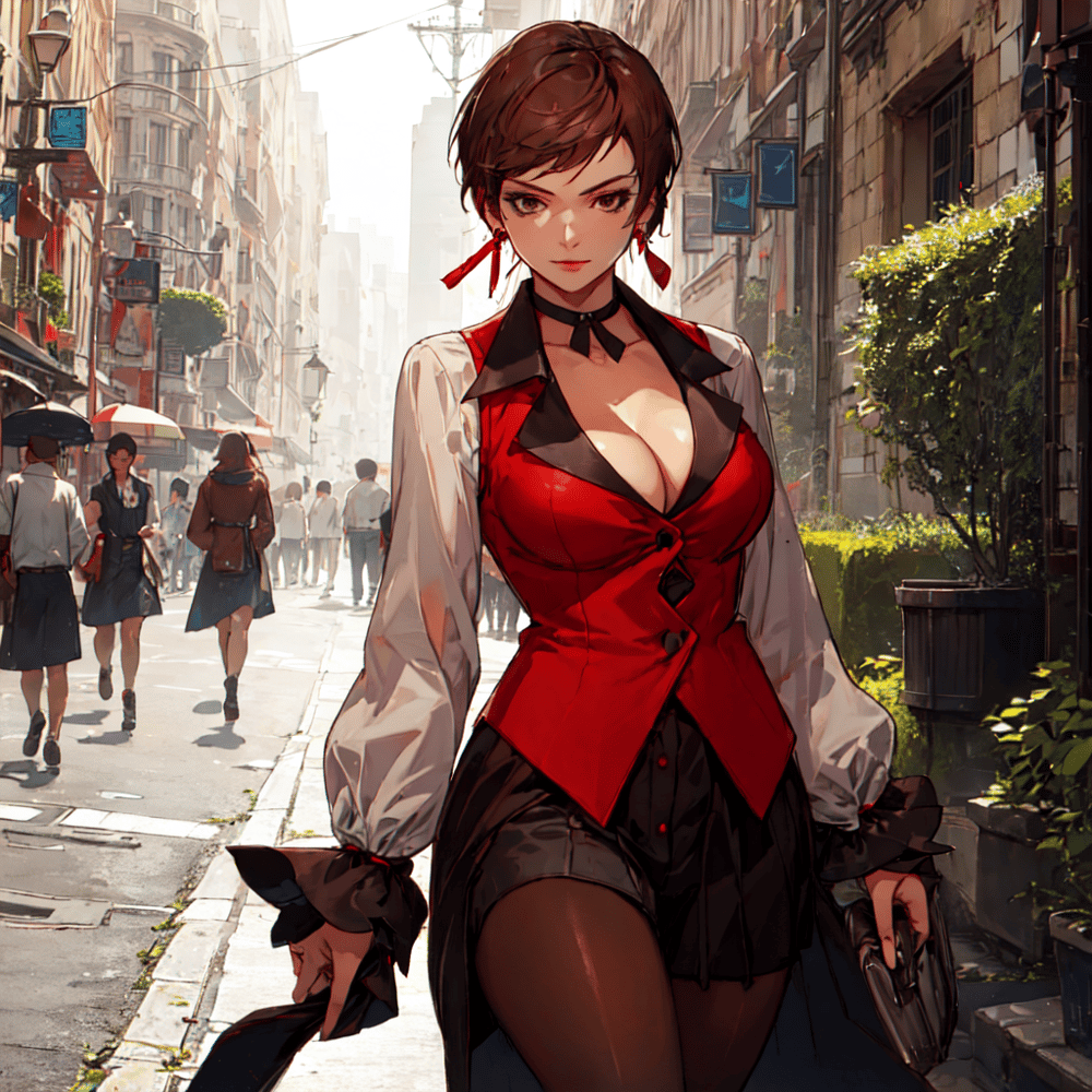 AI art "Vice-KOF" for keywords short hair, brown hair, large breasts, cleavage, vest, long skirt, shorts, pantyhose, earrings, 
