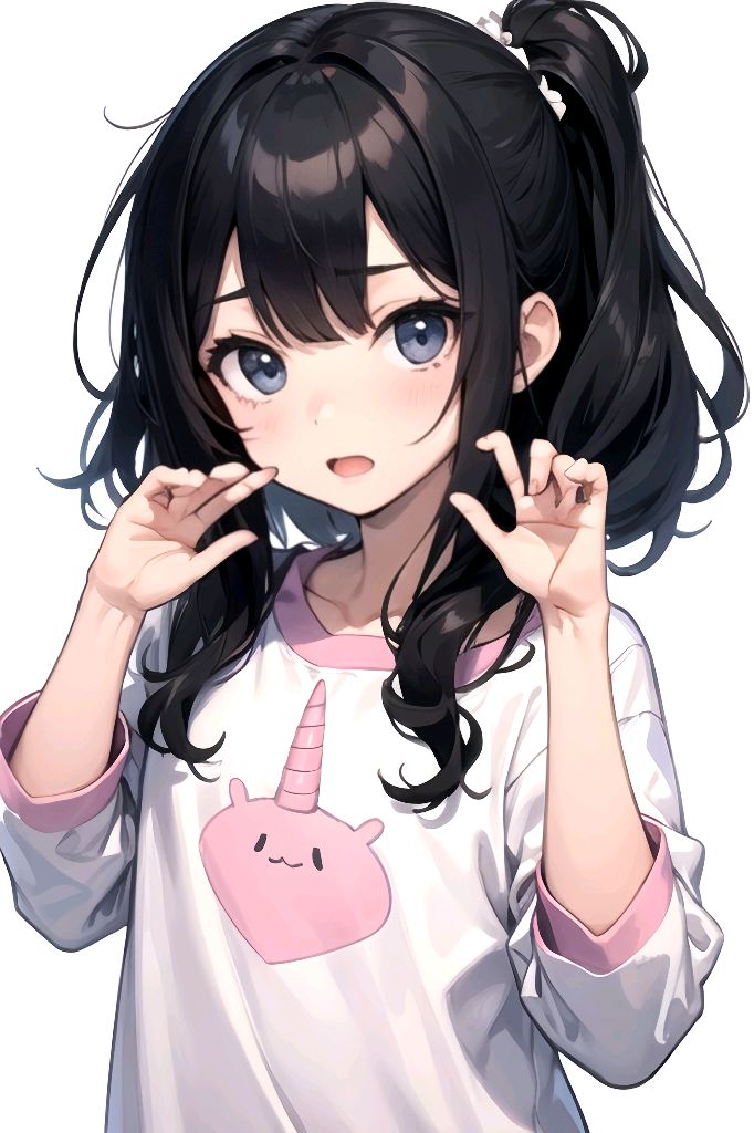 AI art "Kawaii 🩷" for keywords girl, black hair, white background, kawaii pose, unicorn pajamas, loli