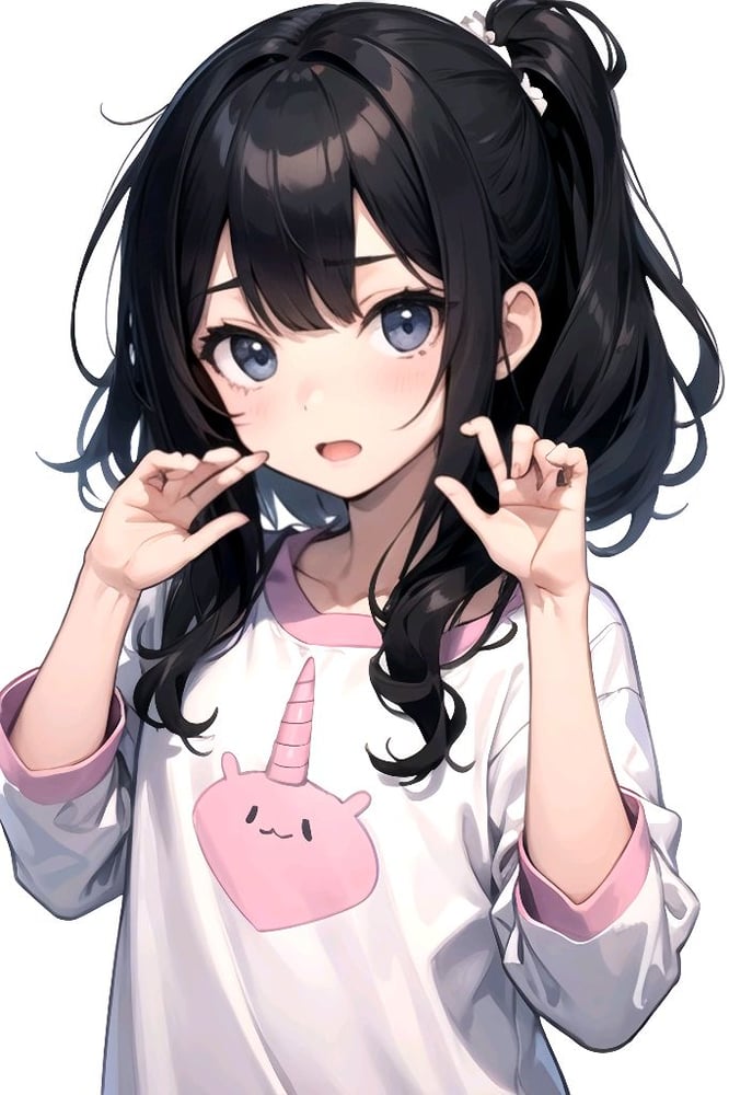 AI art "Kawaii 🩷" for keywords girl, black hair, white background, kawaii pose, unicorn pajamas, loli