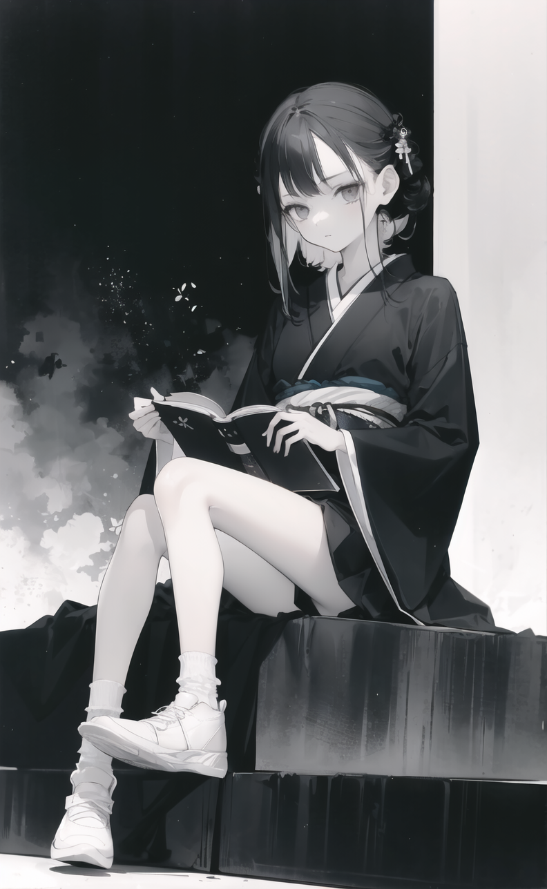 AI artwork for keywords 1girl, black kimono, black hair,, monochrome, greyscale, full body, feet, socks, white footwear, <lora:ama_mitsuki_v0.1:0.71>