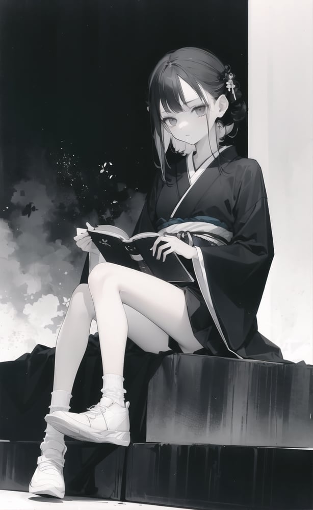 AI artwork for keywords 1girl, black kimono, black hair,, monochrome, greyscale, full body, feet, socks, white footwear, <lora:ama_mitsuki_v0.1:0.71>