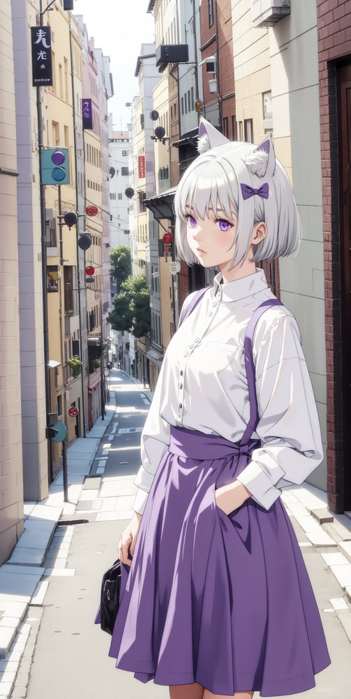 AI art "PixAI Girl" for keywords cat ears, short hair, silver hair, white hair, purple eyes