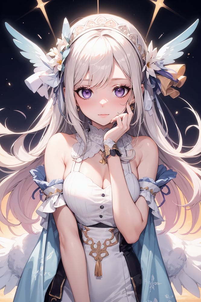 AI art "Angelic" for keywords (((intricate dress))), intricate pattern, colorful sky, (((sunset))), purple eyes, hair flowers, extremely detailed