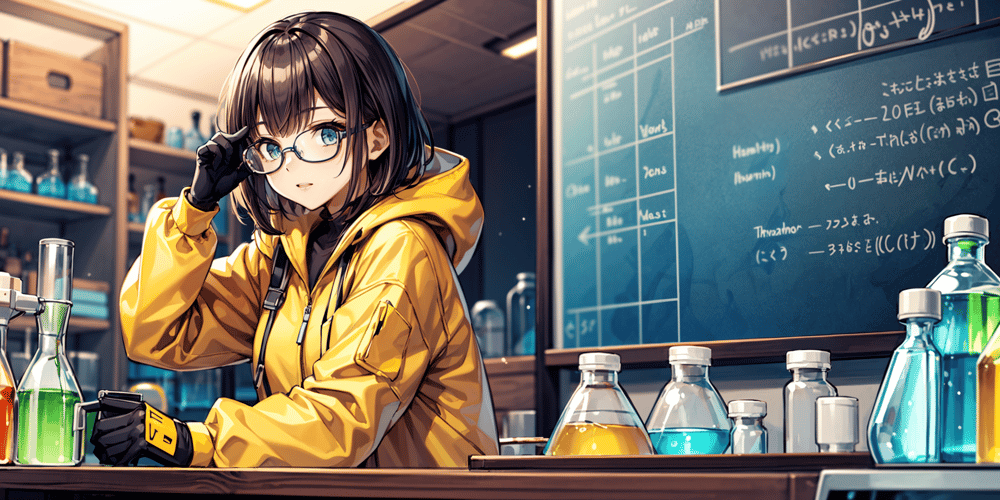 AI art "Kemist" for keywords <lora:add_detail:0.7>, 1girl, yellow hazmat suit, table, chemistry, glasses, flask, science, tube, laboratory