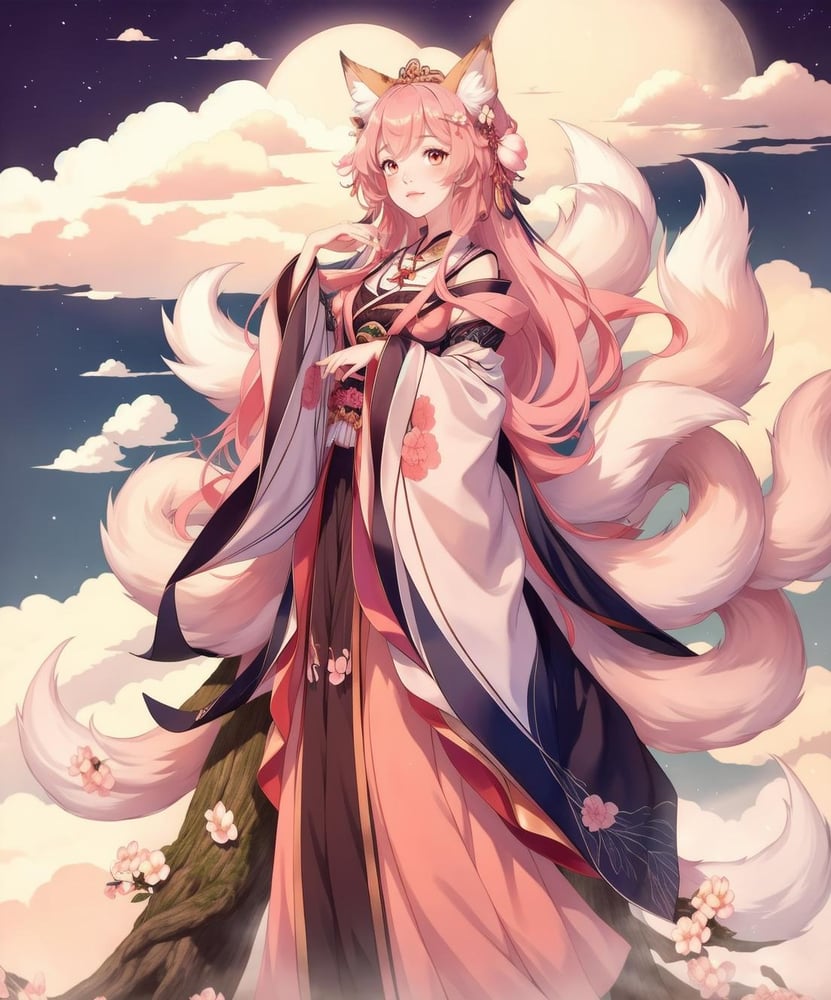 Nine-tailed Fox Concept | 狐狸九尾 1girl, (9tail fox), peach blossom, mysterious forest, cloud, sky, night - AI Model cover image