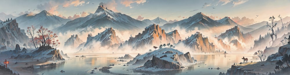 AI art "冰河山舞言難盡" for keywords river, cliff, dragon, birds| chinese dragon| horses, cloud, thousand miles, (mountains|lakes), distance village, farms, pagoda