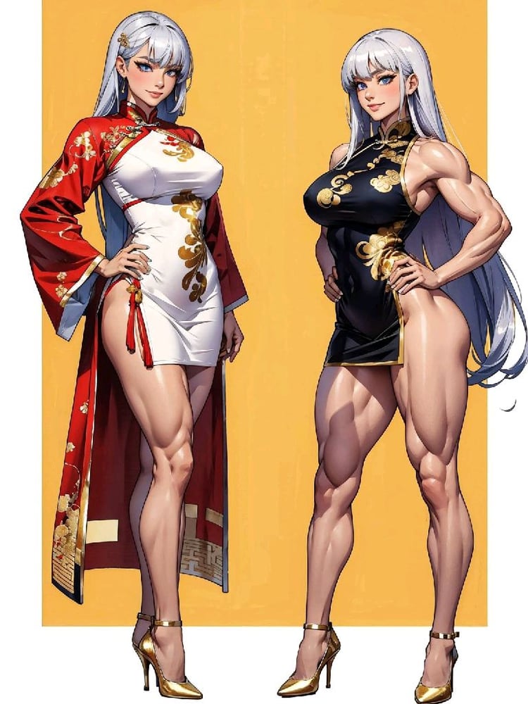 AI art "旗袍肌肉美女" for keywords 两个穿旗袍的肌肉美女合影